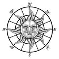 Compass Sun Face Etching Rose Woodcut Drawing Royalty Free Stock Photo