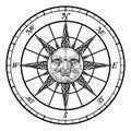 Compass Sun Face Etching Rose Woodcut Drawing Royalty Free Stock Photo