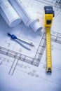 Compass tapeline blueprints Royalty Free Stock Photo