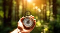 Compass in Traveler\'s Hands Explore the World with Your Navigation Tool in the Morning Sun Forest,ai generated