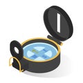 Compass for travelling, hiking and voyage isometric icon. Device showing geographic directions.