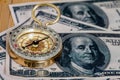 Compass on U.S. banknotes Royalty Free Stock Photo