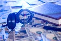 Compass on usa hundred dollars with note, pen Royalty Free Stock Photo