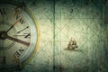 Compass on vintage map. Adventure, stories background. Royalty Free Stock Photo