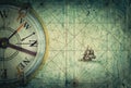 Compass on vintage map. Adventure, travel, stories background. Royalty Free Stock Photo