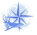 Compass wind rose vector stock illustration. Abstract map of the world, Asia and Europe Royalty Free Stock Photo