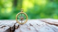 Compass on Wooden Surface with Green Background Royalty Free Stock Photo