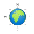 Compass on world map. Nautical compass with globe for travel and expedition. Icon of globe, north, earth east and west.