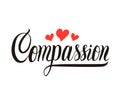Compassion handwritten lettering with red hearts