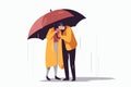 Compassionate man shelters distraught woman with umbrella. Supportive male protects unhappy female from rain, offering aid. Vector