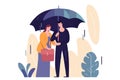 Compassionate man shelters distraught woman with umbrella. Supportive male protects unhappy female from rain, offering aid. Vector