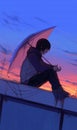 Anime-style illustration solitary boy sitting umbrella sunset sky roof urban