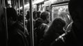 People inside a subway car. Black and white photo. Selective focus.