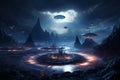 Imaginative depiction of an advanced alien civilization on a distant planet with floating structures and neon pathways