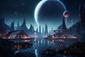 Imaginative depiction of an advanced alien civilization on a distant planet with floating structures and neon pathways