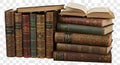 Stacked antique leather books and an open volume Royalty Free Stock Photo