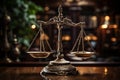 Law and justice concept. Scales of justice on wooden table. Ai generative