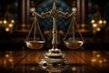 Law and justice concept. Scales of justice on wooden table. Ai generative