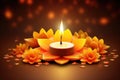 A compelling image of a lit candle surrounded by a mesmerizing arrangement of flowers and delicate petals, Happy Diwali festival