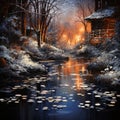 house on a wintery lake with a forest fire in the distance