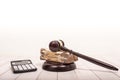 Compensation and judge's gavel. Award of moral financial compensation for caused damage. Lawyer services. Workers Royalty Free Stock Photo