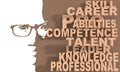 Silhouette of a female head and competence theme words cloud