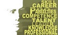 Silhouette of a female head and competence theme words cloud