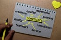 Competence on sticky note with keywords isolated on wooden background. Chart or mechanism concept Royalty Free Stock Photo