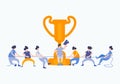 Competition business vector flat illustration. Concept of people playing game of tug of war. Two teams against each other in a