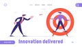 Competition Challenge Website Landing Page. Businessman Throw Darts to Business Man Nailed to Huge Target