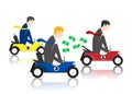 Competition concept. Businessmen in racing cars and one outpacing on white background. Illustration