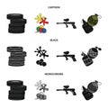 Competition, contest, equipment, tires .Paintball set collection icons in cartoon,black,monochrome style vector symbol