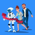 Competition, Robot First Came To The Finish Line, Faster Than People Vector. Isolated Illustration