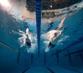 Competition round. Two young people, man and woman, summing athletes in motion, swimming in pool Royalty Free Stock Photo