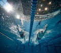 Competition round. Two young people, man and woman, summing athletes in motion, swimming in pool Royalty Free Stock Photo