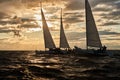 Competition of Three sailboats on the horizon in sea at sunset, the amazing storm sky of different colors, race, big Royalty Free Stock Photo