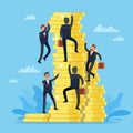 Competition to reach the top. Businessmen climbing on golden coins stack. Successful career growth. Achieve the goals