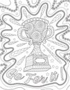 Competition Trophy With Leafy Border Designs Colorless Line Drawing. Championship Reward With Encouraging Message Saying