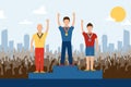 Competition winners on pedestal, vector illustration. Sport contest champions on stage with medals, win in front of