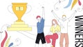 Competitions And Games Concept. Three Winners Standing Afore Of A Large Golden Cup. Males And Female Characters Smile
