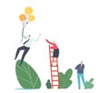 Competitive Advantages. Female Business Character Climbing Ladder Chase Businessman Flying on Light Bulb Balloons in Sky
