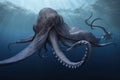 competitive battle between octopus kraken and great white shark for survival in the deep