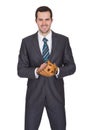 Competitive businessman with baseball glove