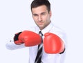 Competitive businessman in boxing gloves.