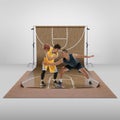 Competitive spirit. Young boys, profesisonal basketball players training, playing over sports playground background Royalty Free Stock Photo