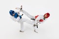 Competitive young men, taekwondo athletes fighting, hitting with legs isolated over white background. Martial arts Royalty Free Stock Photo