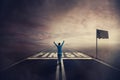 Competitive young woman on the road celebrate culmination raising hands up crossing the finish line. Surreal challenge winning Royalty Free Stock Photo