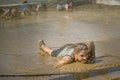 Competitor crawling through mud in obstacle course