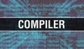 COMPILER with Digital java code text. COMPILER and Computer software coding vector concept. Programming coding script java,