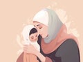 A compionate Muslim woman in hijab holds a delighted child in her arms speaking words of comfort and understanding.. AI Royalty Free Stock Photo